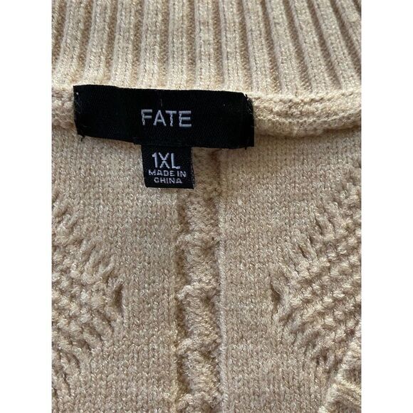 FATE Women's 1XL Khaki Cable Knit V-Neck Chunky Sweater Long Sleeve Pullover - Picture 2 of 11